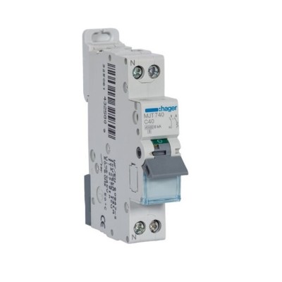 Hager -  Disjoncteur 1P+N 4.5-6kA - Courbe C - 40A - 1 module - A vis - Réf : MJT740