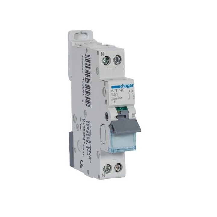 Hager -  Disjoncteur 1P+N 4.5-6kA - Courbe C - 40A - 1 module - A vis - Réf : MJT740