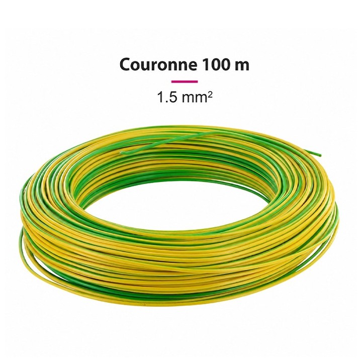 Fil H07  V-U (Rigide) 1,5 mm² - Couronne 100 m - Vert/jaune - Réf : 000105