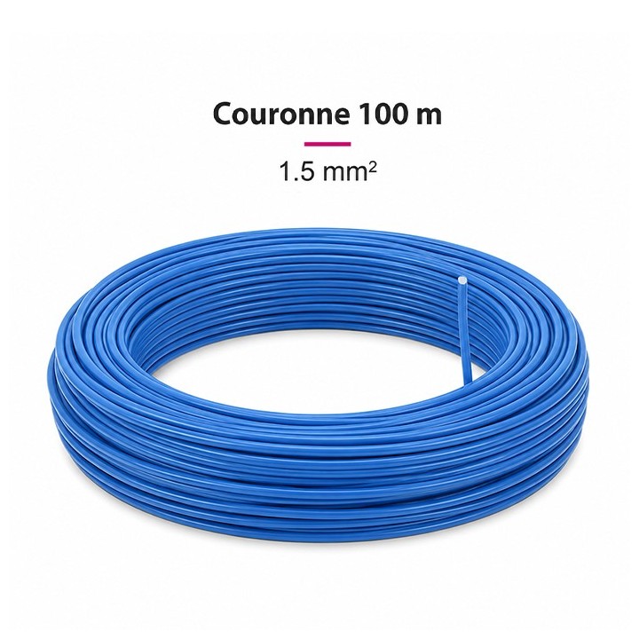 Fil H07  V-U (Rigide) 1,5 mm² - Couronne 100 m - Bleu - Réf : 000305