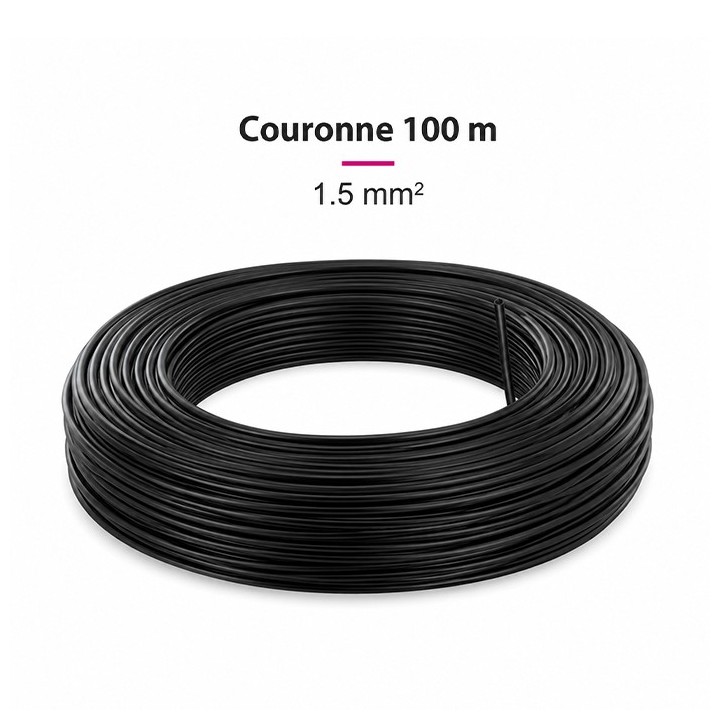Fil H07 V-U (Rigide) 1,5 mm² - Couronne 100 m - Noir - Réf : 000605
