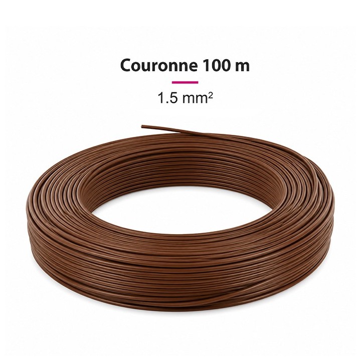 Fil H07  V-U (Rigide) 1,5 mm² - Couronne 100 m - Marron - Réf : 000805