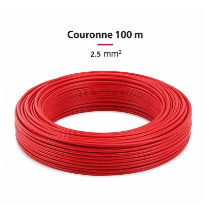 Fil H07  V-U (Rigide) 2,5 mm² - Couronne 100 m - Rouge - Réf : 001105