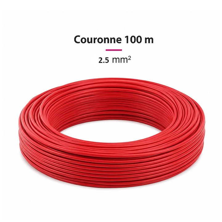 Fil H07  V-U (Rigide) 2,5 mm² - Couronne 100 m - Rouge - Réf : 001105
