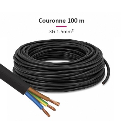 Câble HO5 VVF - 3G1.5mm² - Noir - Couronne de 100m - Réf : VVF-3G1.5-noir-C50