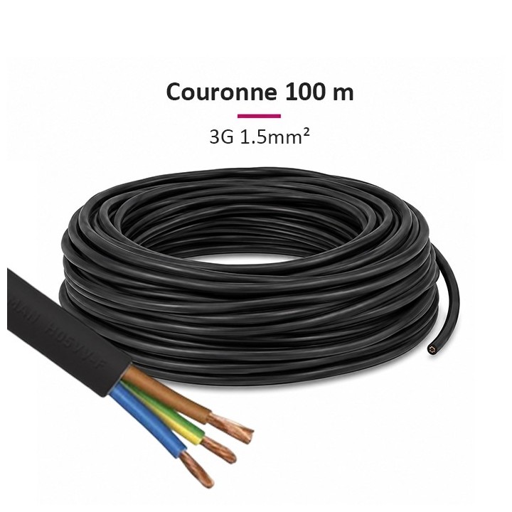 Câble HO5 VVF - 3G1.5mm² - Noir - Couronne de 100m - Réf : VVF-3G1.5-noir-C50