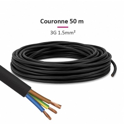 Câble HO5 VVF - 3G1.5mm² - Noir - Couronne de 50m - Réf : VVF-3G1.5-noir-C50