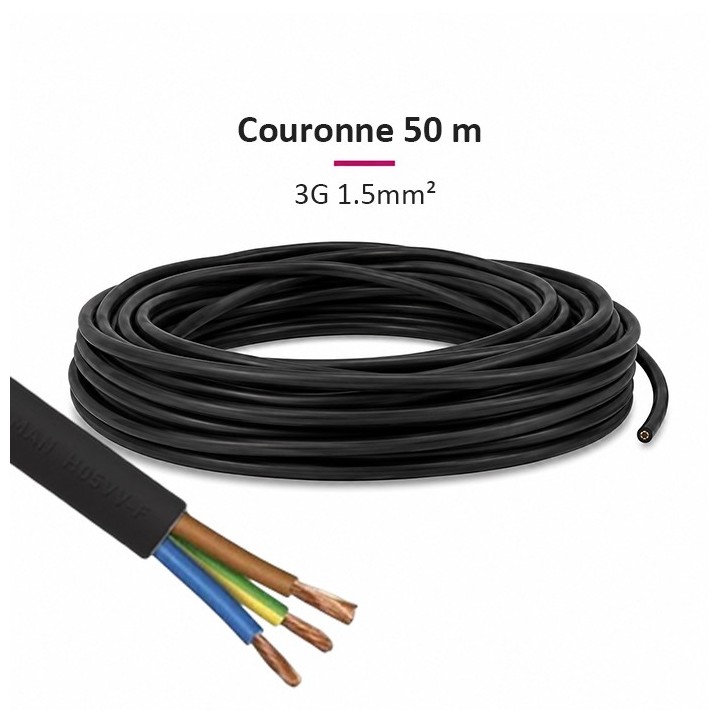 Câble HO5 VVF - 3G1.5mm² - Noir - Couronne de 50m - Réf : VVF-3G1.5-noir-C50