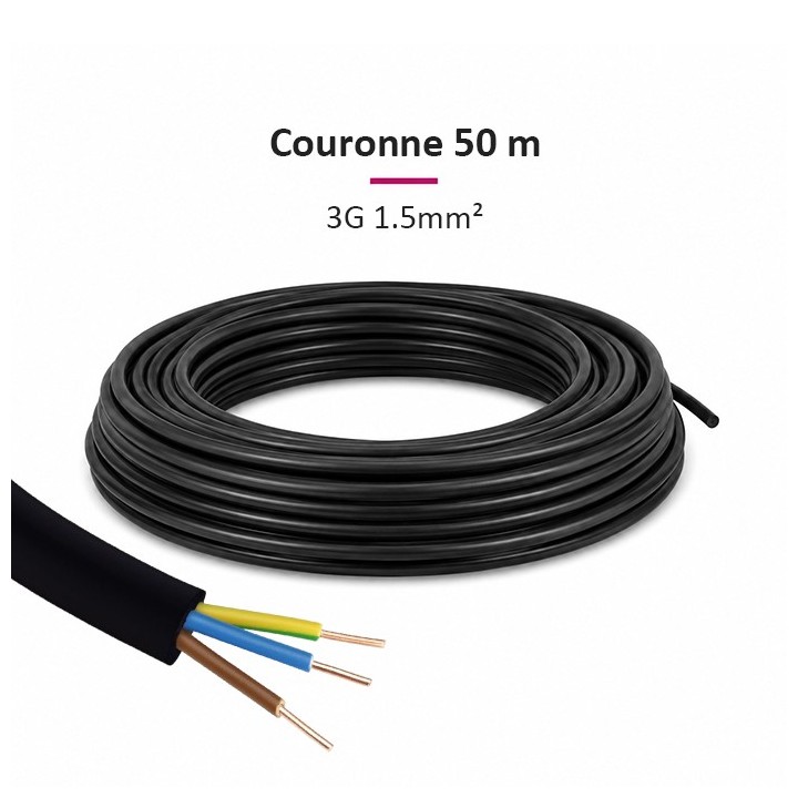 Câble U1000 R2V CU (Rigide) - 3G1.5 mm² - Couronne de 50m - Réf : 026504
