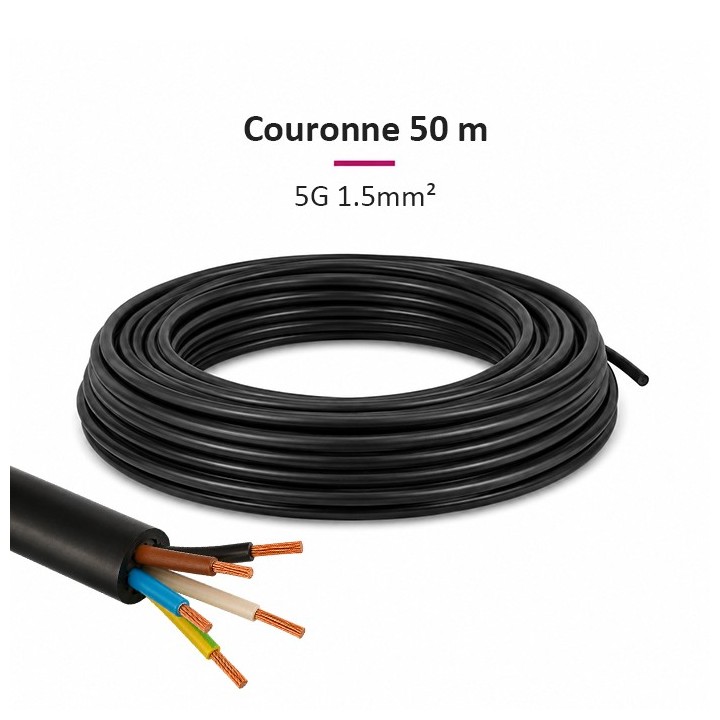 Câble U1000 R2V CU (Rigide) - 5G1.5 mm² (liseret rose)  - Couronne de 50m - Réf : 5G1.5-C50