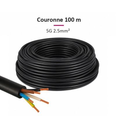 Câble U1000 R2V CU (Rigide) - 5G2.5 mm² (liseret jaune) - Couronne de 100m - Réf : 5G2.5-jaune