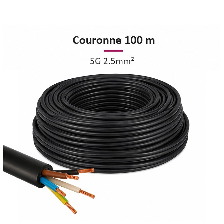 Câble U1000 R2V CU (Rigide) - 5G2.5 mm² (liseret jaune) - Couronne de 100m - Réf : 5G2.5-jaune