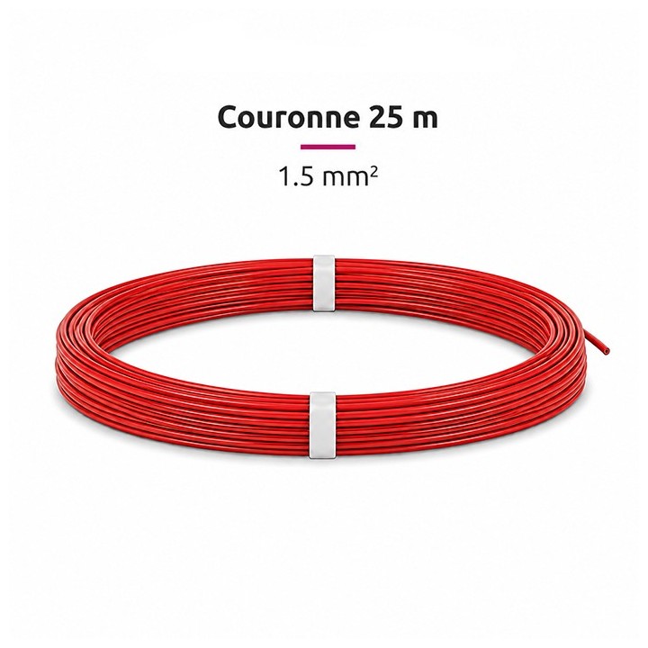 Fil H07-V-U 1.5mm² - Couronne 25 m - Rouge - Réf : VU-1.5-rouge-C25