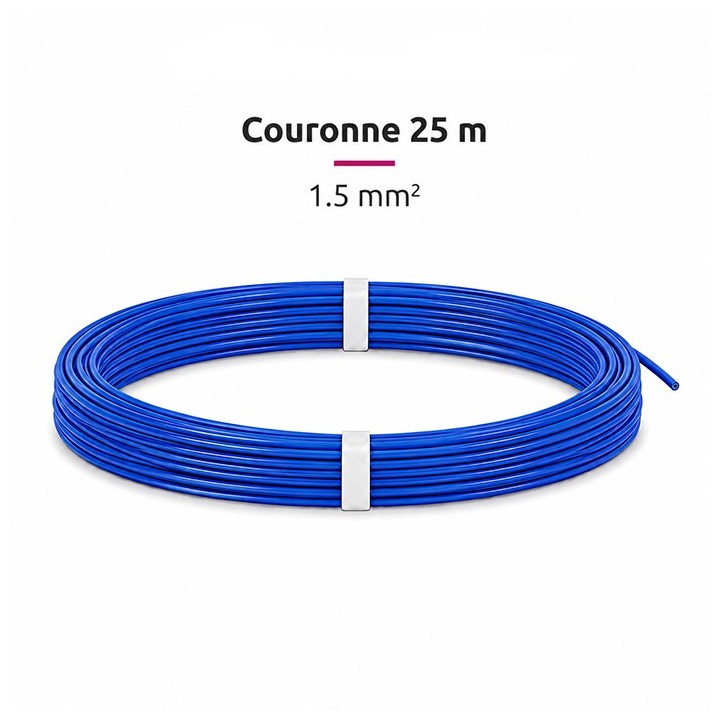 Fil H07-V-U 1.5mm² - Couronne 25 m - Bleu - Réf : VU-1.5-bleu-C25