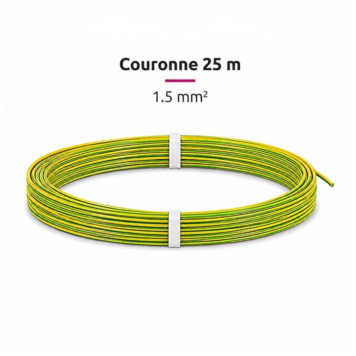 Fil H07-V-U 1.5mm² - Couronne 25 m - Vert/jaune - Réf : VU-1.5-v/j-C25