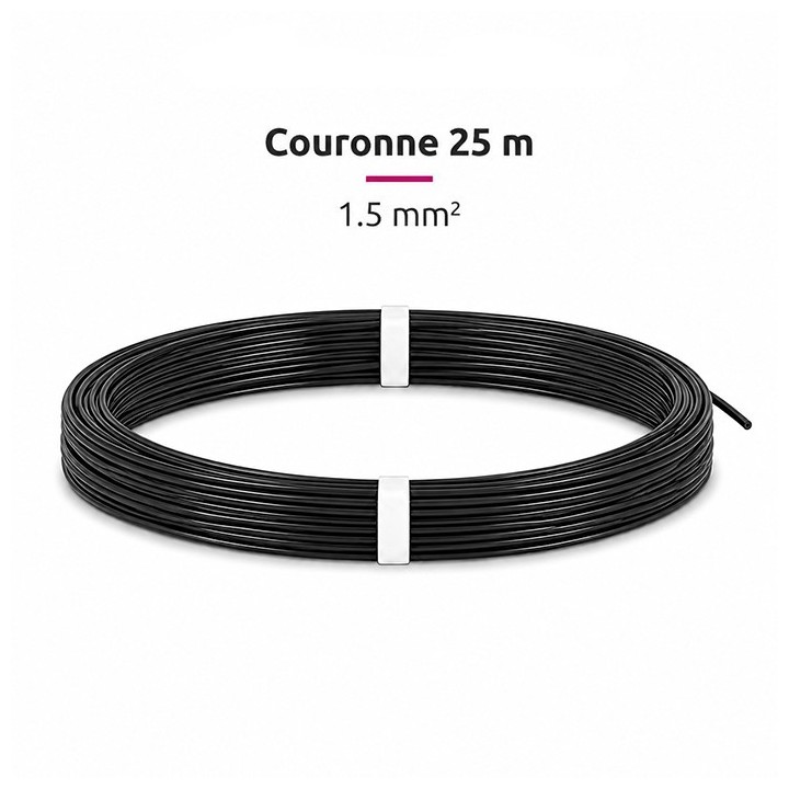 Fil H07-V-U 1.5mm² - Couronne 25 m - Noir - Réf : VU-1.5-noir-C25