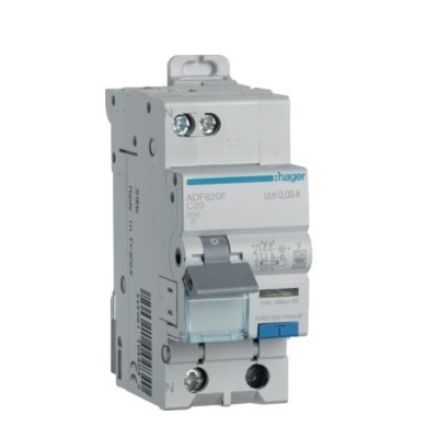 Hager - Disjoncteur différentiel 20A 1P+N 4,5kA Courbe C 30mA type F 2 modules  - Réf : ADF820F