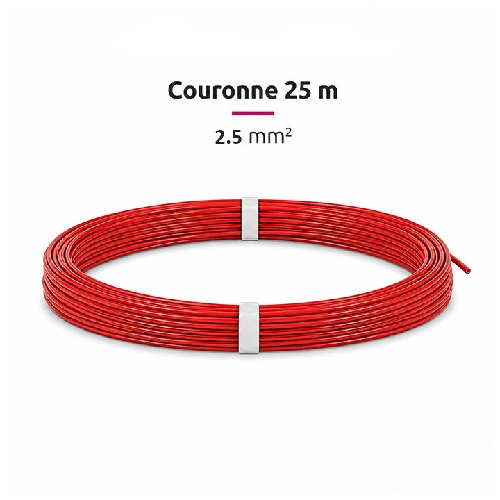 Fil H07-V-U 2.5mm² - Couronne 25 m - Rouge - Réf : VU-2.5-rouge-C25