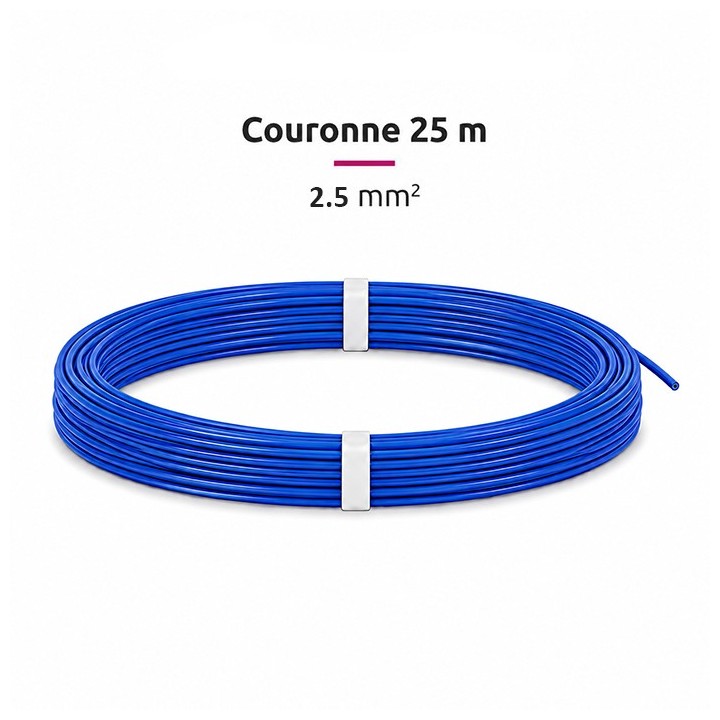 Fil H07-V-U 2.5mm² - Couronne 25 m - Bleu - Réf : VU-2.5-bleu-C25
