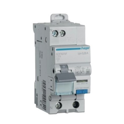 Hager - Disjoncteur différentiel 25A 1P+N 4,5kA Courbe C 30mA type F 2 modules  - Réf : ADF825F