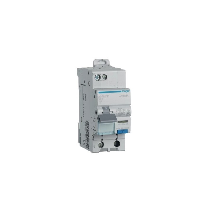 Hager - Disjoncteur différentiel 25A 1P+N 4,5kA Courbe C 30mA type F 2 modules  - Réf : ADF825F