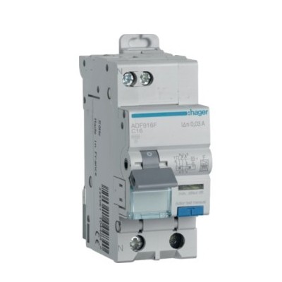 Hager - Disjoncteur différentiel 16A 1P+N 6kA Courbe C 30mA type F 2modules  - Réf : ADF916F