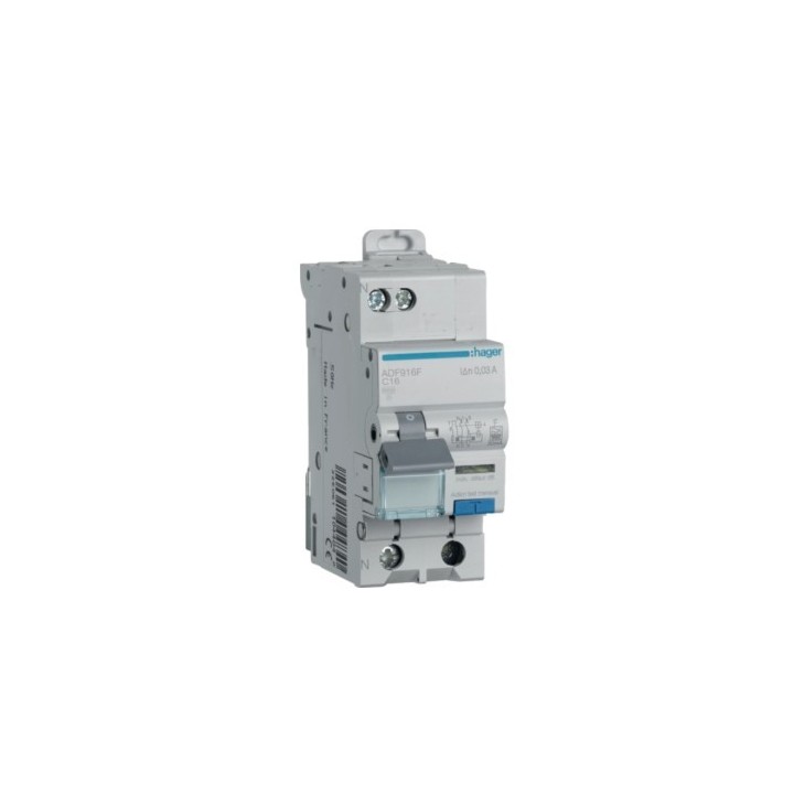 Hager - Disjoncteur différentiel 16A 1P+N 6kA Courbe C 30mA type F 2modules  - Réf : ADF916F