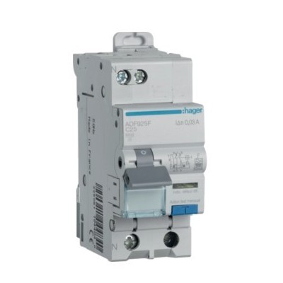 Hager - Disjoncteur différentiel 25A 1P+N 6kA Courbe C 30mA type F 2modules  - Réf : ADF925F