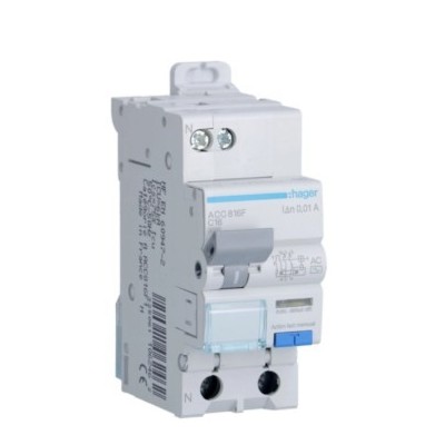 Hager - Disjoncteur différentiel 16A 1P+N 4,5-6kA Courbe C 10mA type AC 1 module  - Réf : ACC816F