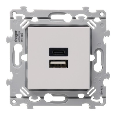 Hager Essensya - Chargeur essensya double USB A+C 15W Finition Pure - Réf :  WE113