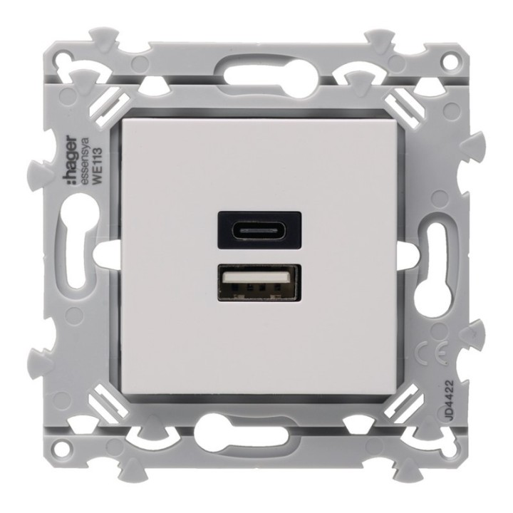 Hager Essensya - Chargeur essensya double USB A+C 15W Finition Pure - Réf :  WE113