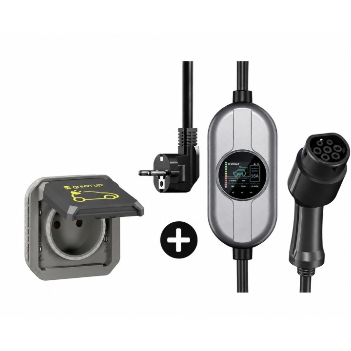Kit borne de recharge pour véhicule électrique mobile - 3,5Kw - 16A avec prise renforcée encastrée Green'up - Réf : KRI35160-PE