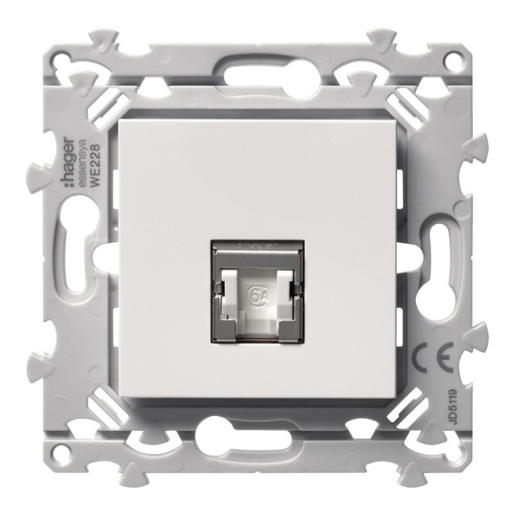 Hager Essensya - Prise RJ45 Cat 6A STP simple avec plaque de finition - Blanc - Réf : WE228P