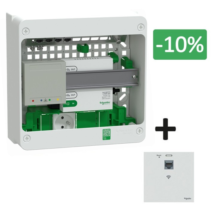 Schneider Resi9 Connect - Coffret VDI 13M1R - Switch 5ports PoE - Grade 3TV 4xRJ45 cat6a et prise RJ45 - Réf : R9H13401VDIXS-P