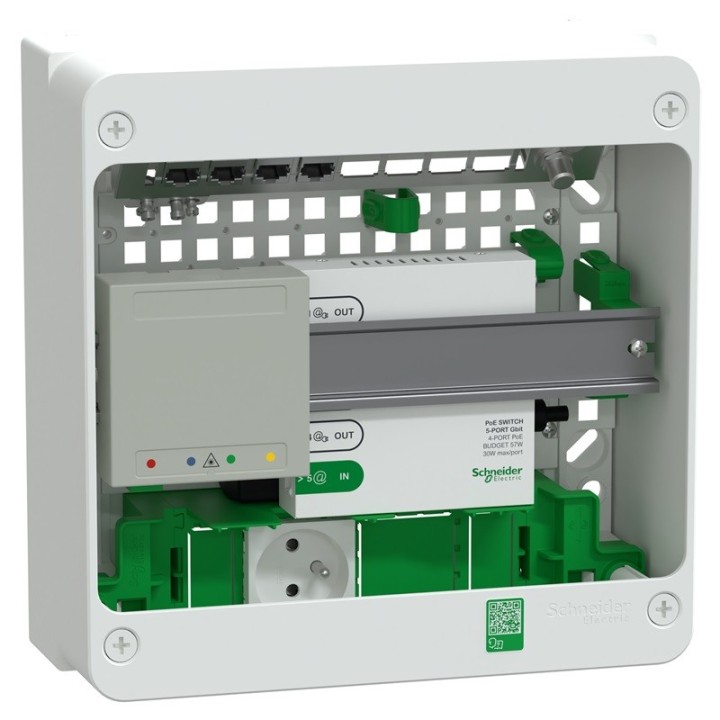 Schneider Resi9 Connect - Coffret VDI 13M1R - Switch 5ports PoE - Grade 3TV 4xRJ45 cat6a et prise RJ45 - Réf : R9H13401VDIXS-P
