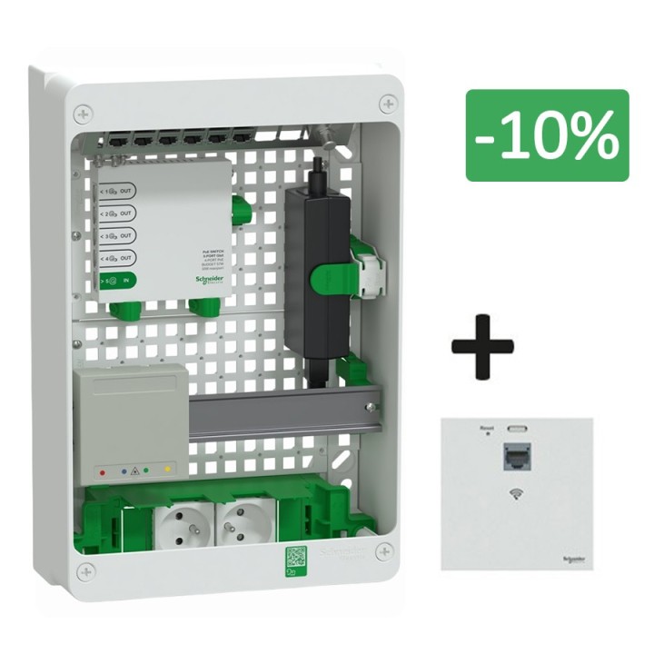Schneider Resi9 Conct - Coffret VDI 13M2R - Switch 5ports PoE - 2 prises - Grade 3TV 6xRJ45 cat6a + RJ45 - Réf : R9H13402VDIXS-P