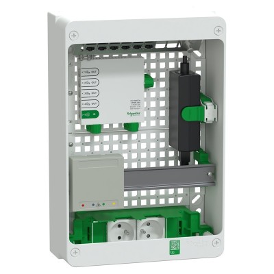 Schneider Resi9 Conct - Coffret VDI 13M2R - Switch 5ports PoE - 2 prises - Grade 3TV 6xRJ45 cat6a + RJ45 - Réf : R9H13402VDIXS-P