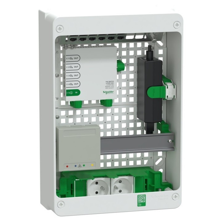 Schneider Resi9 Conct - Coffret VDI 13M2R - Switch 5ports PoE - 2 prises - Grade 3TV 6xRJ45 cat6a + RJ45 - Réf : R9H13402VDIXS-P