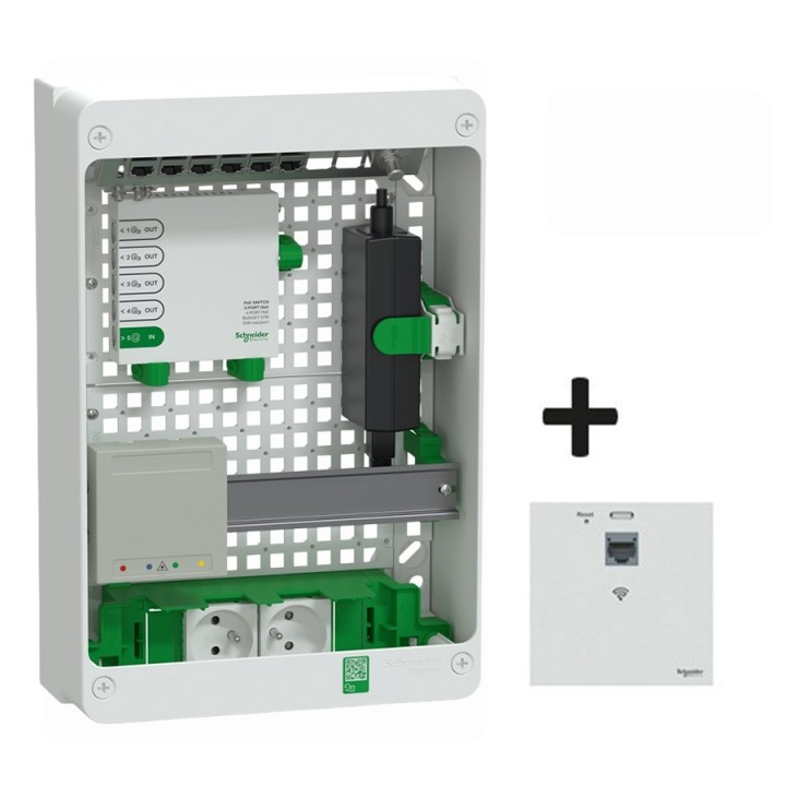 Schneider Resi9 Conct - Coffret VDI 13M2R - Switch 5ports PoE - 2 prises - Grade 3TV 6xRJ45 cat6a + RJ45 - Réf : R9H13402VDIXS-P