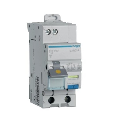 Hager - Disjoncteur différentiel 1P+N - 3kA - Courbe C - 16A - 30mA - type F - Réf : ADF716F