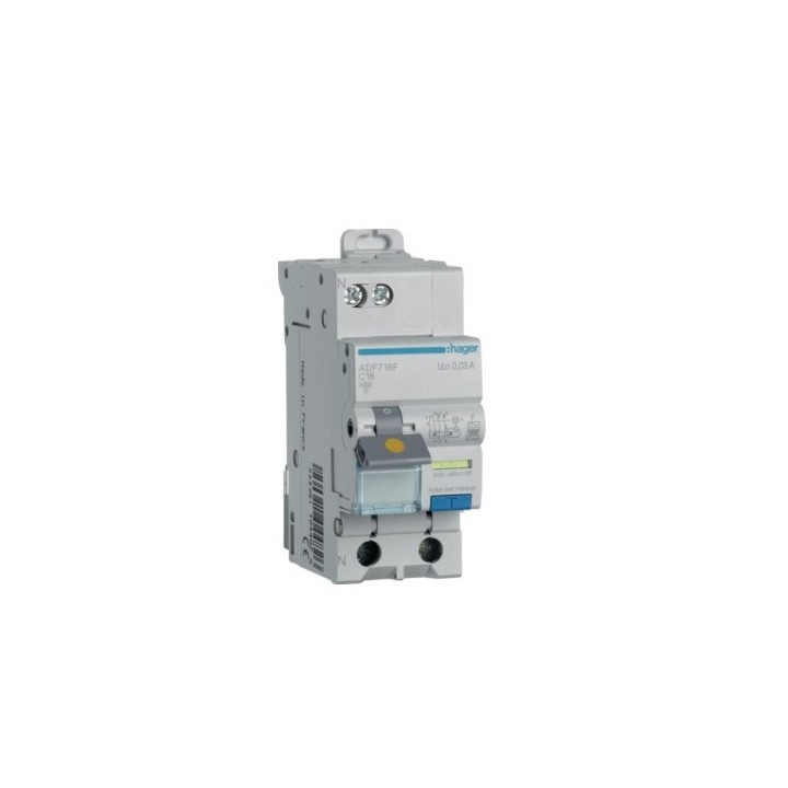 Hager - Disjoncteur différentiel 1P+N - 3kA - Courbe C - 16A - 30mA - type F - Réf : ADF716F