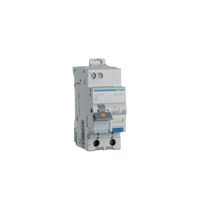 Hager - Disjoncteur différentiel 1P+N - 3kA - Courbe C - 20A - 30mA - type F  - Réf : ADF720F