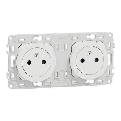 Schneider Odace - double PC 2P+T affleurante - 2 postes 71 mm - précâblage - blanc craie - Réf : S920062