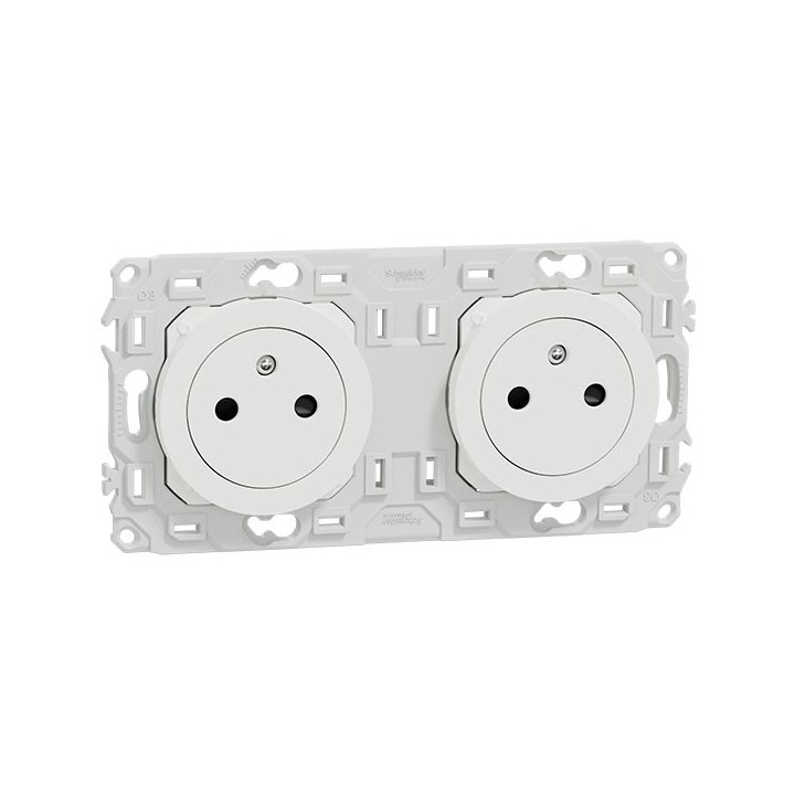 Schneider Odace - double PC 2P+T affleurante - 2 postes 71 mm - précâblage - blanc craie - Réf : S920062