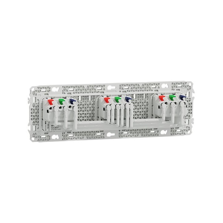 Schneider Odace - triple PC 2P+T affleurante - 3 postes 71 mm - précâblage - blanc craie - Réf : S920072