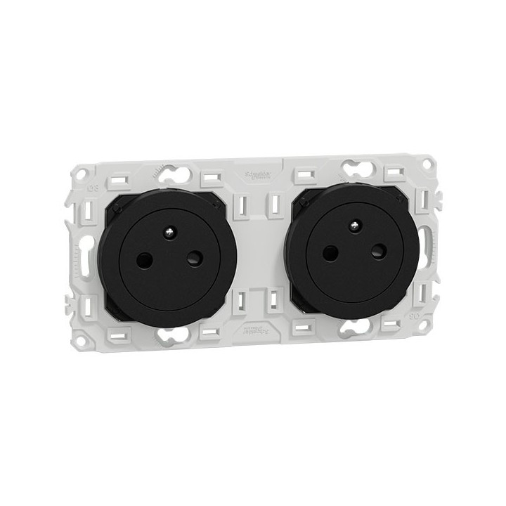 Schneider Odace - double PC 2P+T affleurante - 2 postes 71 mm - précâblage - noir onyx - Réf : S940062