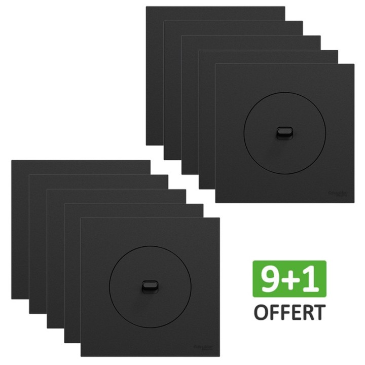 Schneider Odace - Lot de 10 va-et-vient ou poussoir à levier dont 1 OFFERT - 10AX - Noir onyx - Complet - Réf : S940203(10)