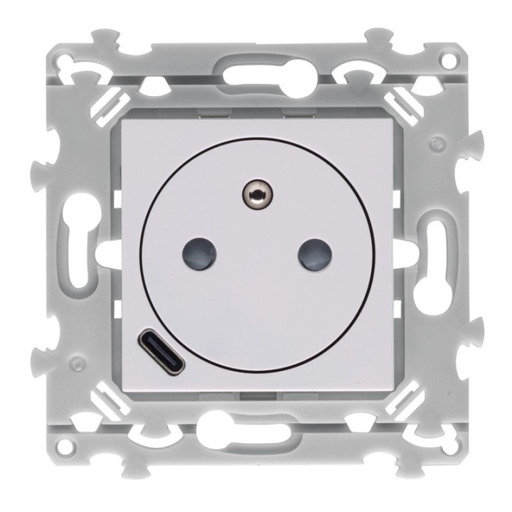 Hager Essensya - Prise de courant affleurante essensya 2P+T avec USB-C Pure avec plaque de finition - Réf :  WE114P