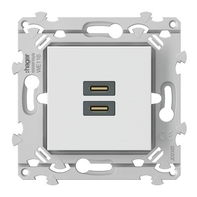 Hager Essensya - Chargeur essensya double USB C+C 20W pure avec plaque de finition - Réf :  WE116P