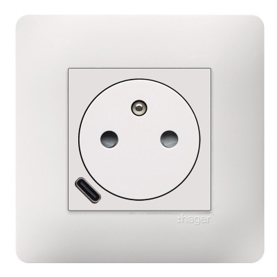 Hager Essensya - Prise de courant affleurante essensya 2P+T avec USB-C Pure avec plaque de finition - Réf :  WE114P
